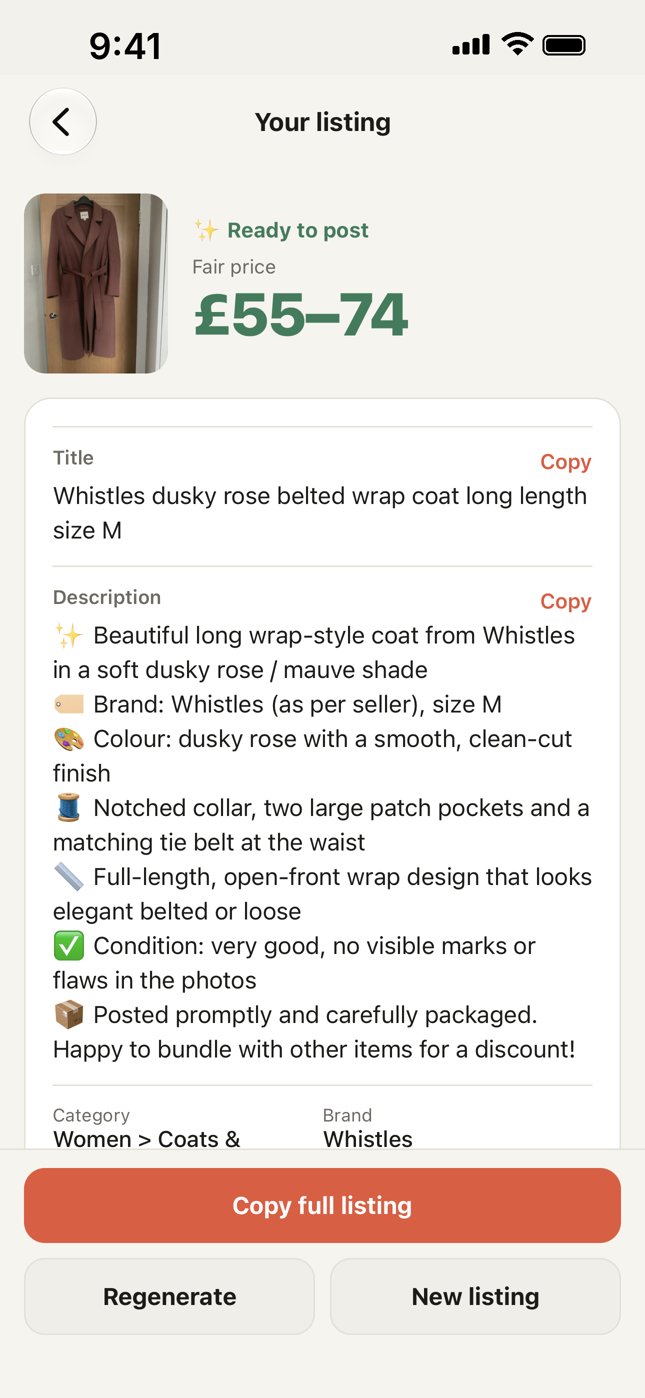 Rackd result screen: Whistles wrap coat, fair price £55–74, with title and description
